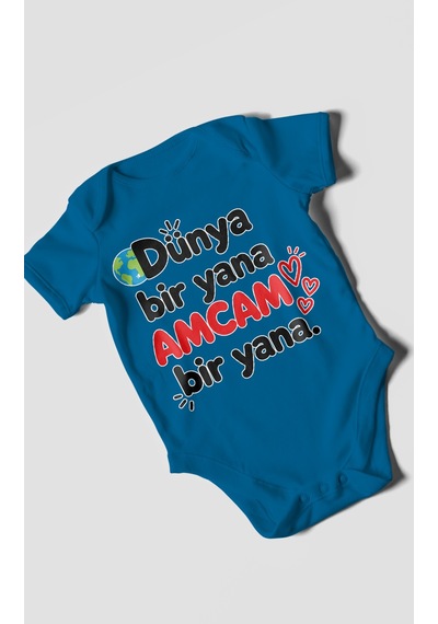 Morivokids Dünya Bir Yana, Amcam Bir Yana Kısa Kollu Bebek Body %100 Pamuk Koyu Mavi