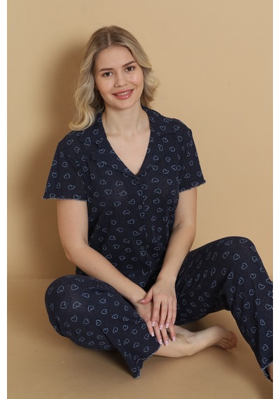 Wordex Mirano 1711 Kalp Desenli Pointel İnce Kumaş Düğmeli Kısa Kollu Kadın Pijama Takımı Lacivert Wordex Mirano 1711 Kalp Desenli Pointel İnce Kumaş Düğmeli Kısa Kollu Kadın Pijama Takımı Lacivert