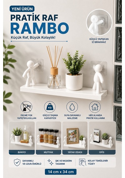 Kendinden Yapışkanlı Duvar Rafı -rambo Raf -çok Amaçlı Banyo Mutfak Salon Dekoratif Raf 14cm X 34 Cm Beyaz - 908295770 Beyaz