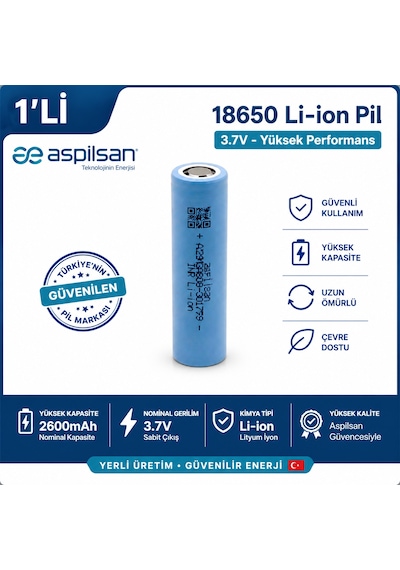 Aspilsan 18650 2600mah 3.7v Li-ion Şarjlı Pil Inr18650a28 Tekli  Yerli Üretim Lityum İyon Batarya