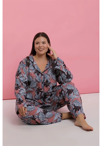 Kadın Büyük Beden Somon Yaprak Desenli Düğmeli Pijama Takımı Somon