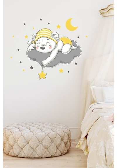 Bulutta Uyuyan Sevimli Şapkalı Ayıcık Duvar Sticker Seti
