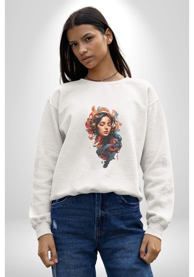 Müzik Dinleyen Kulaklık Yaprak Saçlı Renkli Unisex Beyaz Baskılı Sweatshirt Beyaz