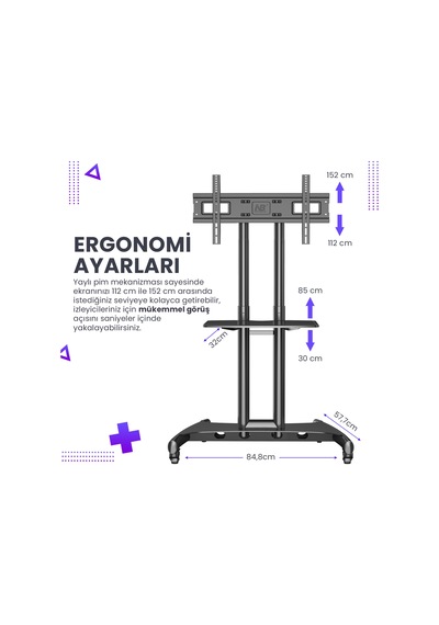 Nb Ergonomic Nb Ava1500-60-1p Lcd Led Oled Plazma Düz Panel Ekranlar İçin 32-75 İnch Tuv Sertifikalı Tekerlekli Profosyonel Tv Sehpası