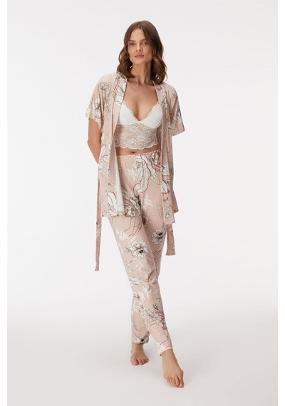 Anıl Kadın Sabahlıklı Dantel İp Askılı Braletli Pijama Takım Pembe