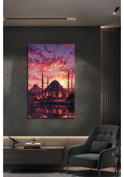 Efsanevi İstanbul Gün Batımı Modern Dekoratif Şık Cam Tablo Şehir Temalı Dekoratif Duvar Tablosu, Salon Ve Ofis Dekoru,