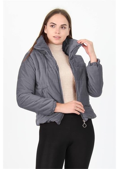 Dip Moda Kadın Yüksek Yaka Cepli Kışlık Kadife Mont Dpnb7154 Gri