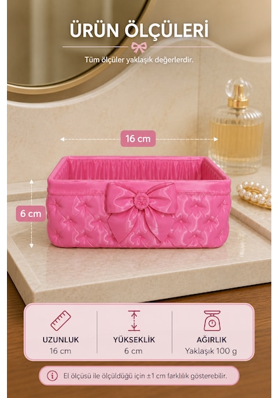 Fiyonk Detaylı Takı Ve Makyaj Organizer Kutusu Modern Masaüstü Düzenleyici Pembe