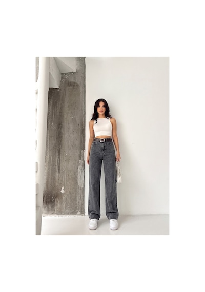 Kene Jeans Kar Siyah Kemerli Likralı Bol Paça Denim Pantolon Kar Siyah