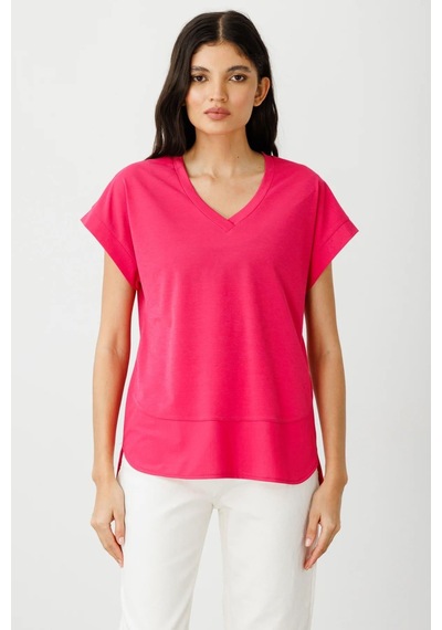 On Fashion V Yaka Kısa Kol Bluz Pembe