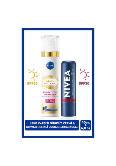 NIVEA Luminous630 Thiamidol Etkili Leke Karşıtı Gündüz Yüz Kremi 40 ML + Kırmızı Renkli Nemlendirici Dudak Bakım Kremi 4.8 G