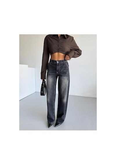 Kene Jeans Yüksek Bel Füme Ön İşlemli Wide Leg Bol Paça Jeans Pantolon Füme İşlemli