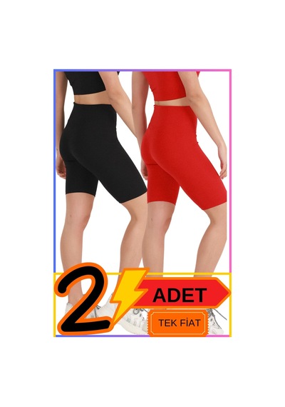 Missmaral Kadın Yüksek Bel Toparlayıcı Şort Tayt Siyah & Kırmızı 2'li Paket Lycralı Biker Shorts 21077 Siyah - Kırmızı