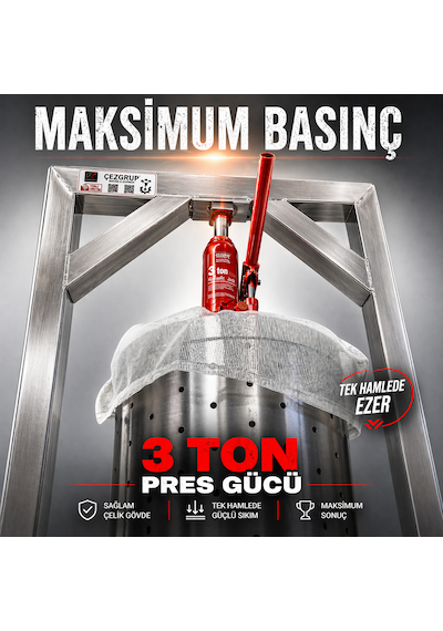 Çezgrup Prestij 22 Litre Full 304 Paslanmaz Çelik Üzüm Sıkma Presi 3 Ton Krikolu Profesyonel Seri