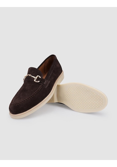 %100 Hakiki Deri Kahverengi Süet Kadın Loafer Kahverengi