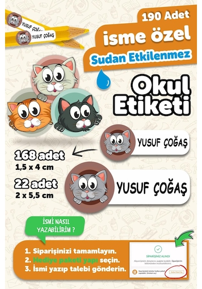 Okul Etiketi Kalem Defter İsimli Etiket Isim Yazılabilen Kedi Temalı - 190 Adet Özel Yeni Tasarım