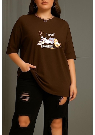 Büyük Beden Uyuyan Kediler Unisex Tişört Kahverengi