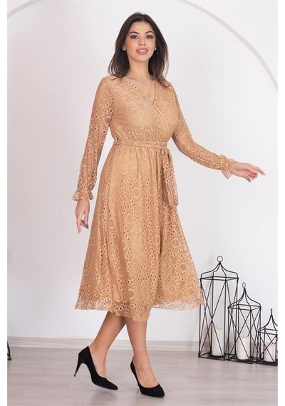 Neşeli Butik Kadın Camel Kuşaklı Kruvaze Yaka Astarlı Dantel Elbise Rssn31 Camel
