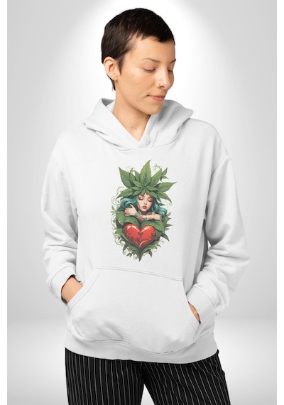 Kalp Parmak Kız Yeşillik Mutluluk Kadın Erkek Beyaz Kapüşonlu Sweatshirt Hoodie Beyaz