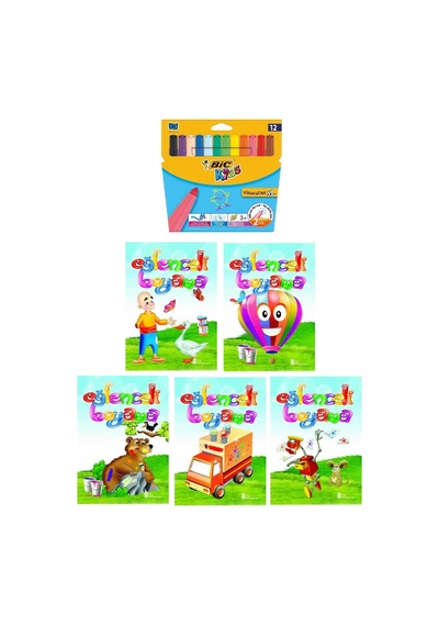 3-6 Yaş Eğlenceli Boyama Kitapları 5 Li +bic Kids Xl12 Li Keçeli Boya Jumbo