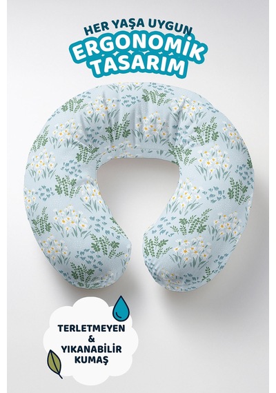 Papatya Çiçek Desenli Boyun Yastığı - Pastel Açık Mavi Yeşil Yumuşak Seyahat Yastığı Soft Deniz Ekru