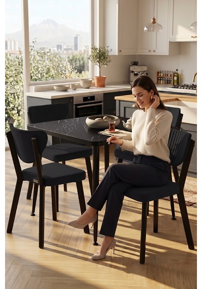 Estro Serisi Mdf Sabit 90x90 Siyah Mermer Desen Mutfak Masası Takımı 4 Adet Sandalye Siyah Mermer - Siyah Estro Serisi Mdf Sabit 90x90 Siyah Mermer Desen Mutfak Masası Takımı 4 Adet Sandalye Siyah Mermer - Siyah