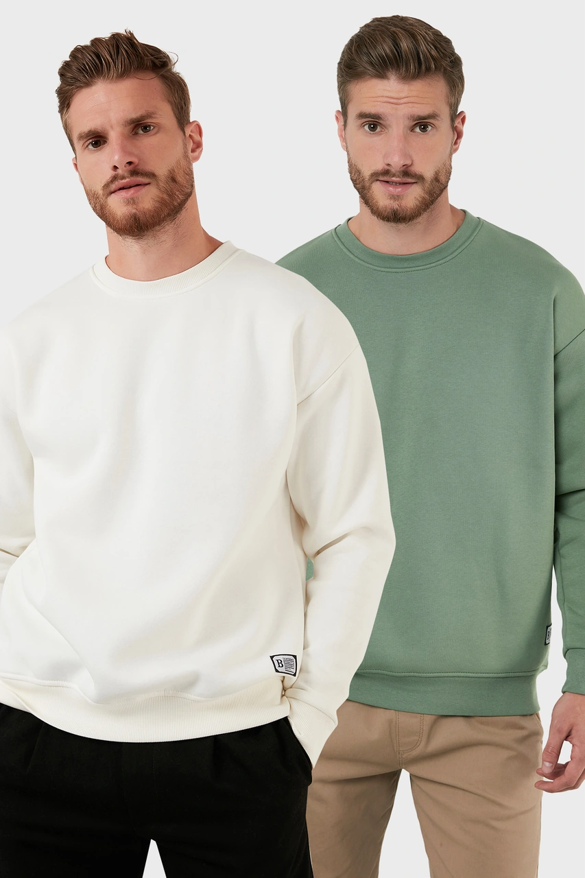Buratti Regular Fit Bisiklet Yaka Şardonlu 2'Li Paket Erkek Sweat 5905255S2 Elma-Ekru