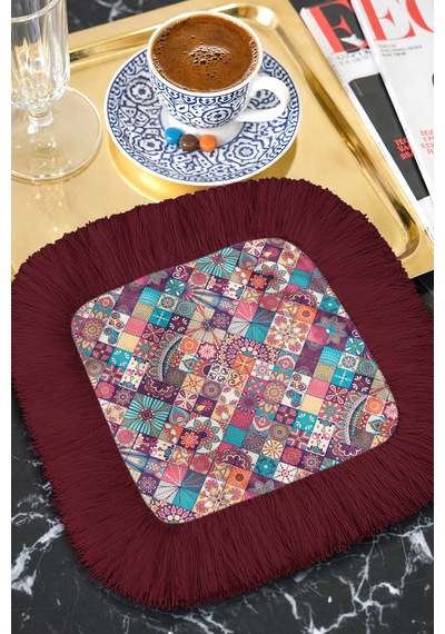Mozaik Patchwork Saçaklı Sunum Peçetesi-canlı Bohem Renkli Bordo Saçak Bardak Altlığı Servis Mendili Çok Renkli