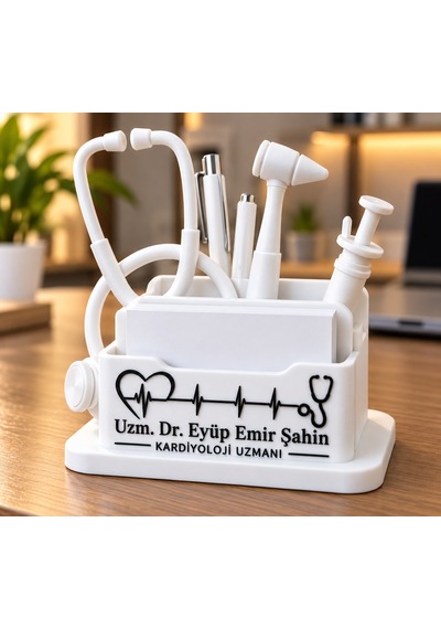Kişiye Özel Beyaz Doktor Kartvizitlik 3d Baskı Stetoskop Tasarımlı İsimli Masaüstü Organizer