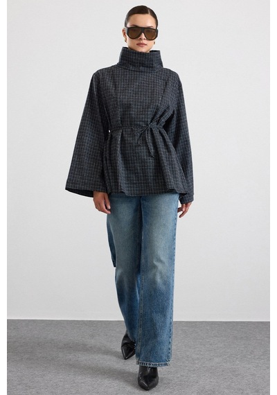 Olcay Degaje Yaka Oversize Kareli Bluz Antrasit 9839