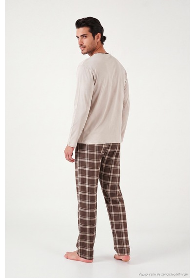 Buratti Pamuklu Regular Fit Bisiklet Yaka Ekoseli Pijama Takımı Erkek Pijama Takımı 6574001 Bej