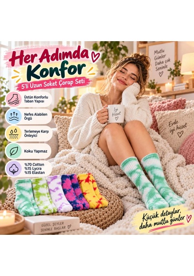 Unisex Batik Desenli Çorap 5 Li Set Renkli Pamuklu Uzun Soket Dikişsiz Nefes Alan Günlük Spor Çorabı Çok  Renkli