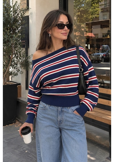 Sayzen Your Shine Trend Kayıkçı Yaka Çizgili Kadın Triko Kazak Lacivert