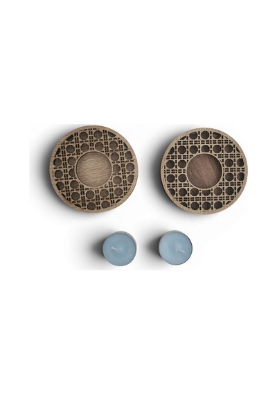 Dekoratif Ahşap Hazeran Örgü Desenli İkili Tealight Mumluk İki Katman