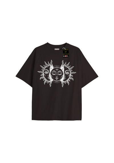 Flood Of Style Siyah Oversize T-shirt Güneş Ay Özel Tasarım