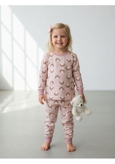 Kız Çocuk Pamuklu Gökkuşağı Desenli Pijama Takımı-16274 Renkli