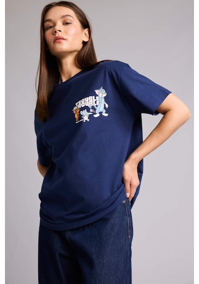 Defacto %100 Pamuk Tom & Jerry Oversıze Bisiklet Yaka Sırt Baskılı Kısa Kollu Tişört H4193ax26aunv241 Lacivert-nv241