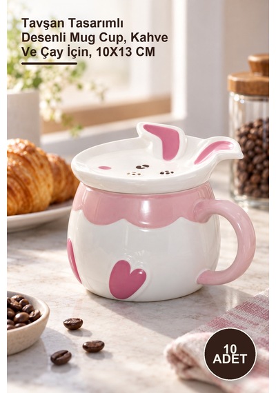 10 Adet Porselen Kupa Bardak Tavşan Tasarımlı Desenli Mug Cup, Kahve Ve Çay İçin, 10x13 Cm 1