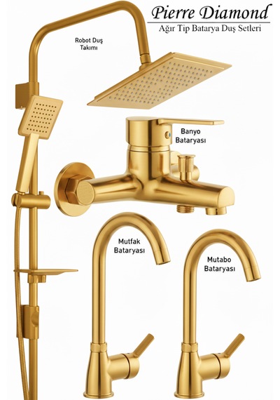 Lüks Banyo Lavabo Mutfak Bataryası Ve Robot Duş Takımı Gold Renk Altın