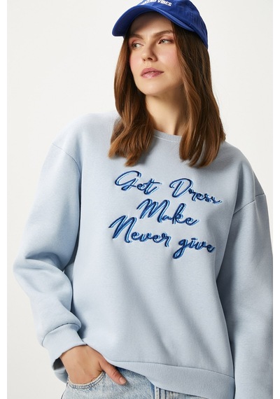 Kadın Dress Nakışlı Mavi Sweatshirt Mavi