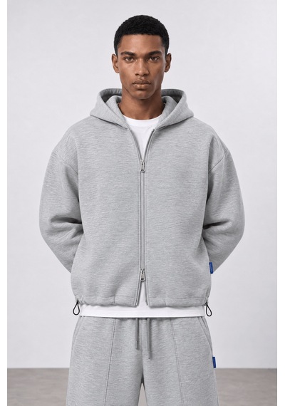 Respire Erkek Lastik Detaylı Panda Oversize Zip Gri Melanj