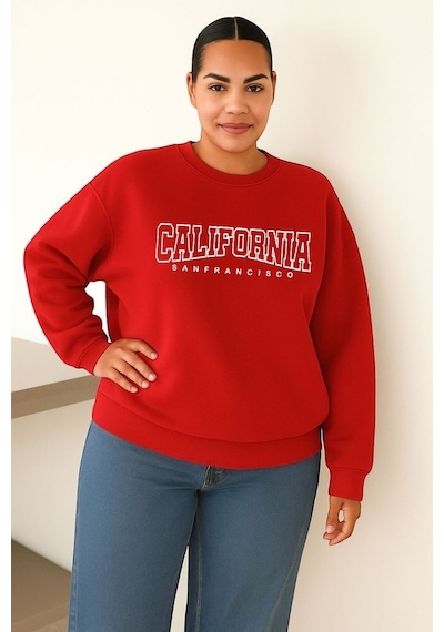 Benroma 3 İplik Penye Calıfornıa Baskılı Büyük Beden Unisex Sweatshırt Kırmızı