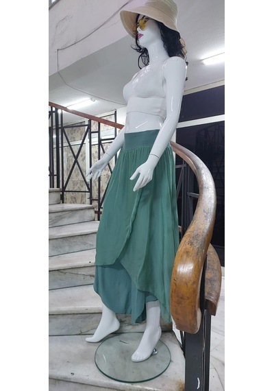 Bohem Stil Kadın Asimetrik Kapaklı Ipek Şalvar Pantolon-8775 Mint