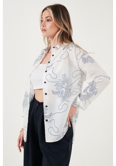 Lela Desenli Regular Fit Uzun Kollu Bayan Gömlek 6773200 Beyaz-Indigo