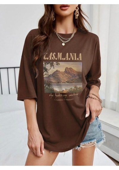 Flood Of Style Kadın Kahverengi Tasmania Baskılı Oversize T-shirt