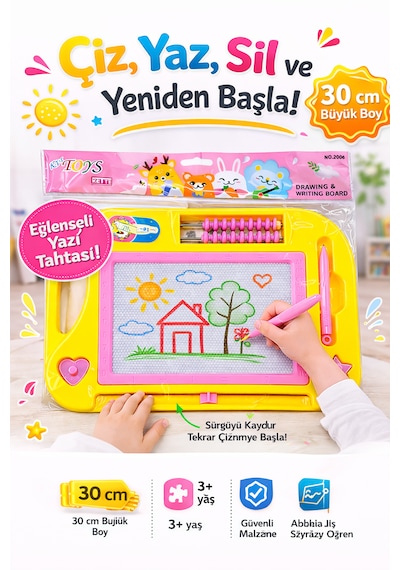 30 Cm Büyük Boy Silinebilir Yazı Tahtası Abaküslü Eğitici Çizim Ve Yazı Tahtası Kalemli Sarı