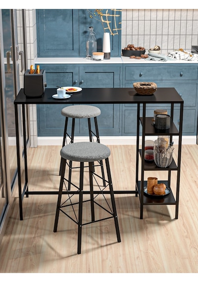 Retodesign Siyah Raflı Yuvarlak Tabureli Bar Takımı 4651s