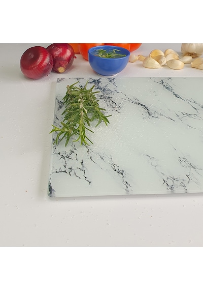Decorita Beyaz Mermer Görünümlü Cam Kesme Tahtası 30 x 40 CM