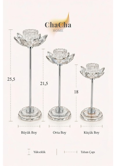 Chacha Home Kristal Dekoratif Şamdan Seti 3 Lü Büyük, Orta, Küçük Boy Lüks Ev Dekorasyonu & Masa Aksesuarı Gümüş