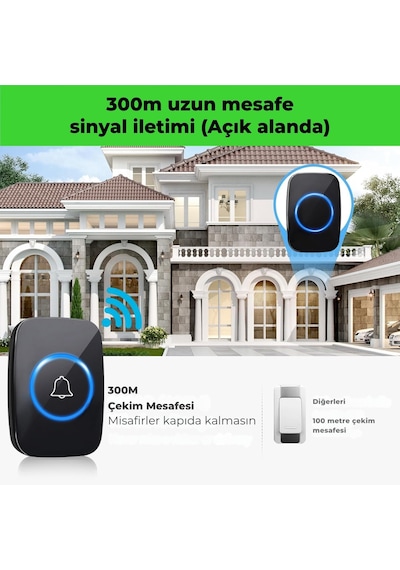 Kablosuz Uzaktan Kumandalı Kapı Zili Mavi Led Işıklı 60 Melodi 300 M Menzil Ev Ofis Depo, Logos